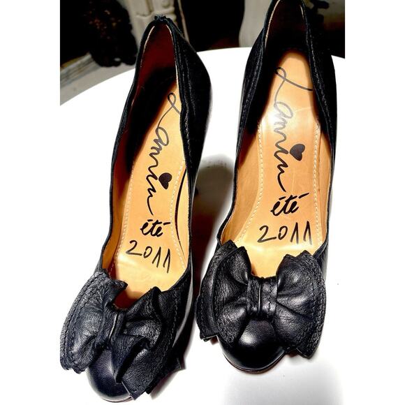 Lanvin PARIS Pin Up Leather Black Round Toe BOW 2011 Unique Heel Pumps 39.5 - Picture 10 of 11